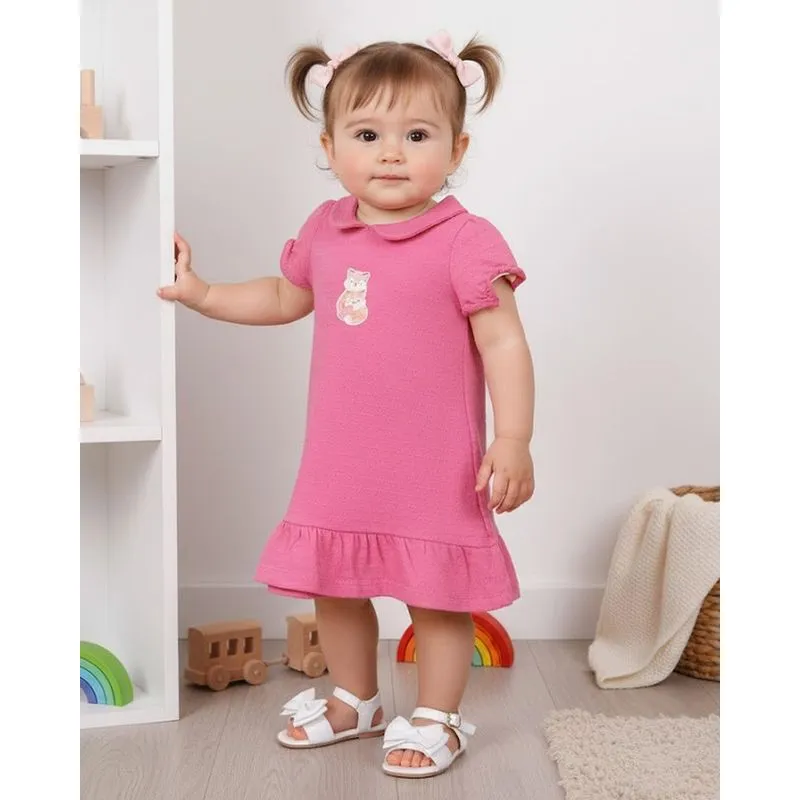 Vestido Bebê Curto Texturizado com Babado Aplicação Rosa G