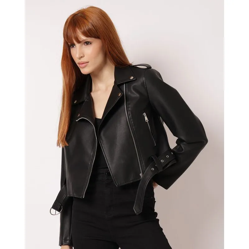 Jaqueta Feminina PU Cropped com Cinto Preta GG