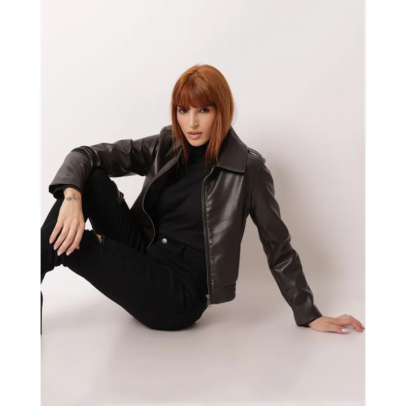 Jaqueta Feminina Bomber PU com Bolsos Elástico Marrom P