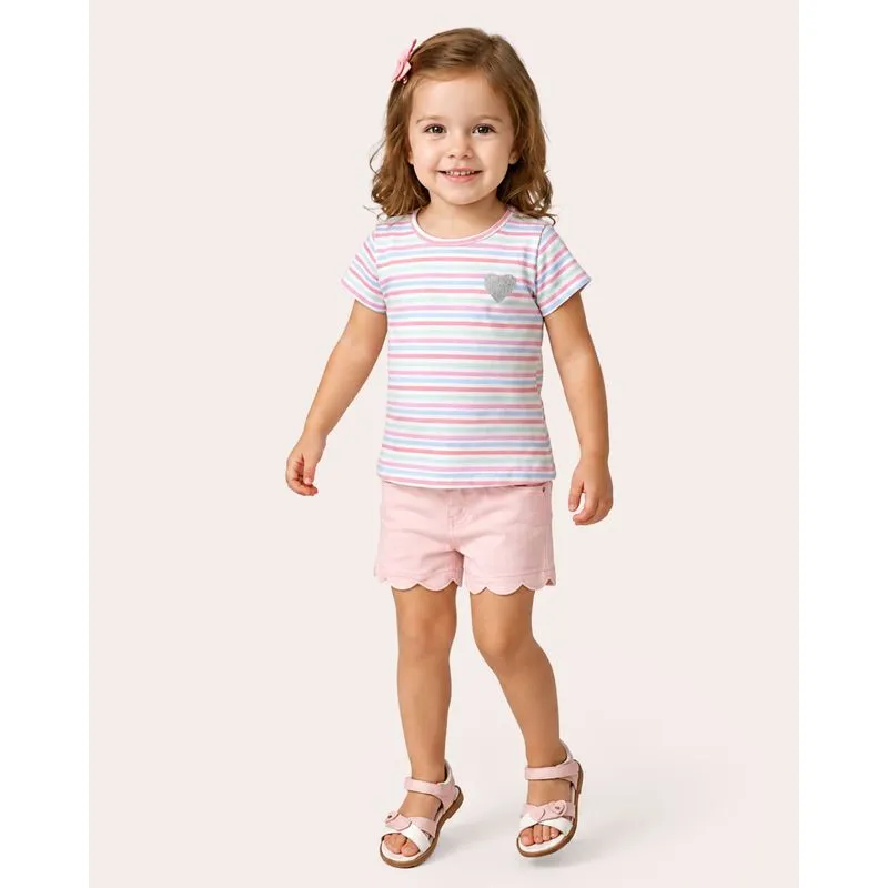 Blusa Bebê Listrada Aplicação Glitter Coração Manga Curta Branca 3