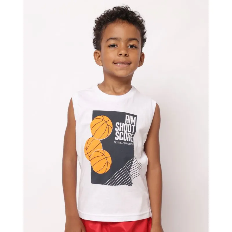 Regata Infantil Algodão Estampa Bola Basquete Branca 8