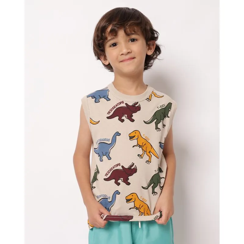 Regata Infantil Algodão Estampada Dinossauros Bege 4