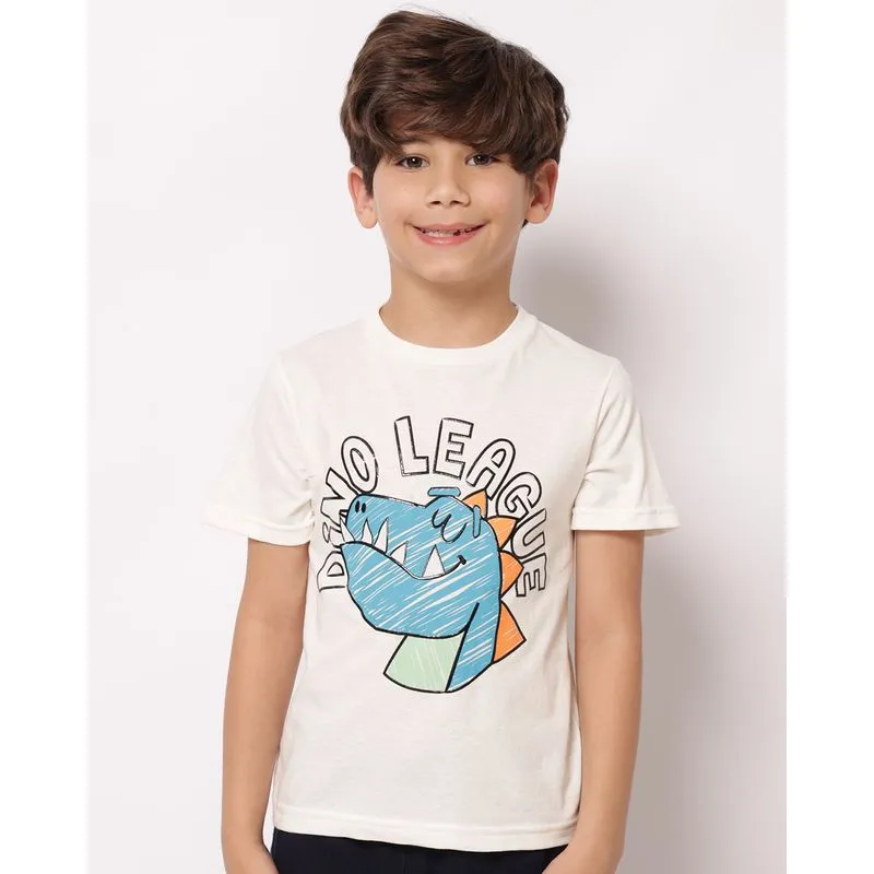 Camiseta Infantil Algodão Estampa Dinossauro Manga Curta Off White 8