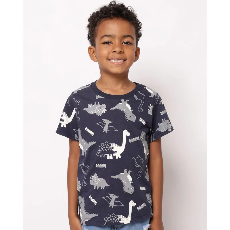 Camiseta Infantil Algodão Estampada Dinossauro Manga Curta Marinho 4