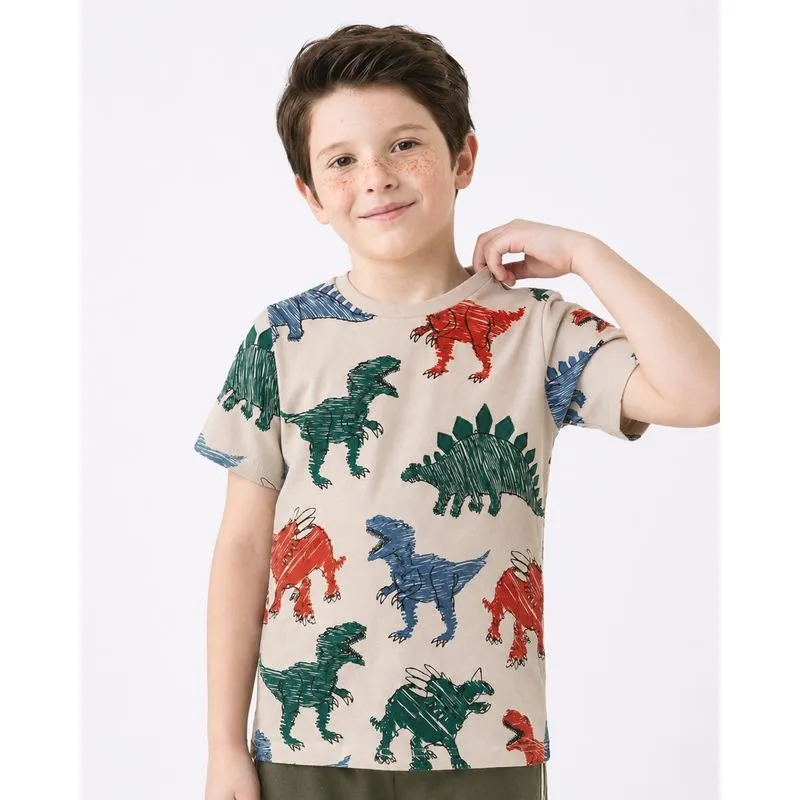 Camiseta Infantil Algodão Dinossauros Manga Curta Bege 6