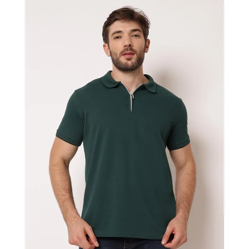 Camisa Polo Masculina Piquet com Zíper Manga Curta Verde M
