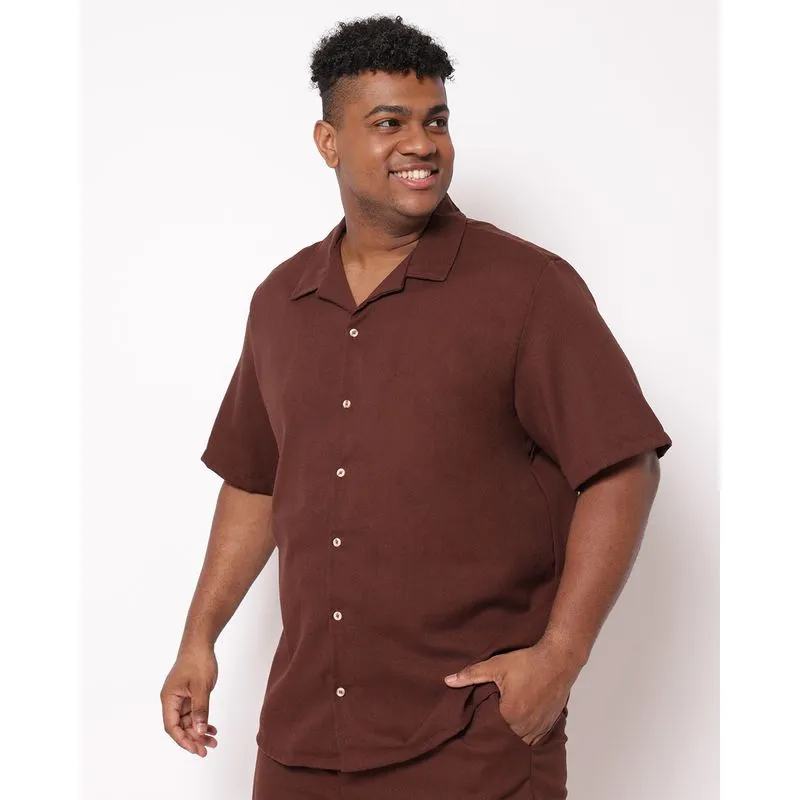 Camisa Plus Size Masculina Linho Manga Curta Marrom G3