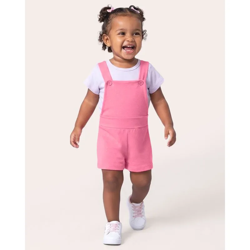 Conjunto Jardineira Bebê Curta Lisa Com Glitter Rosa 3