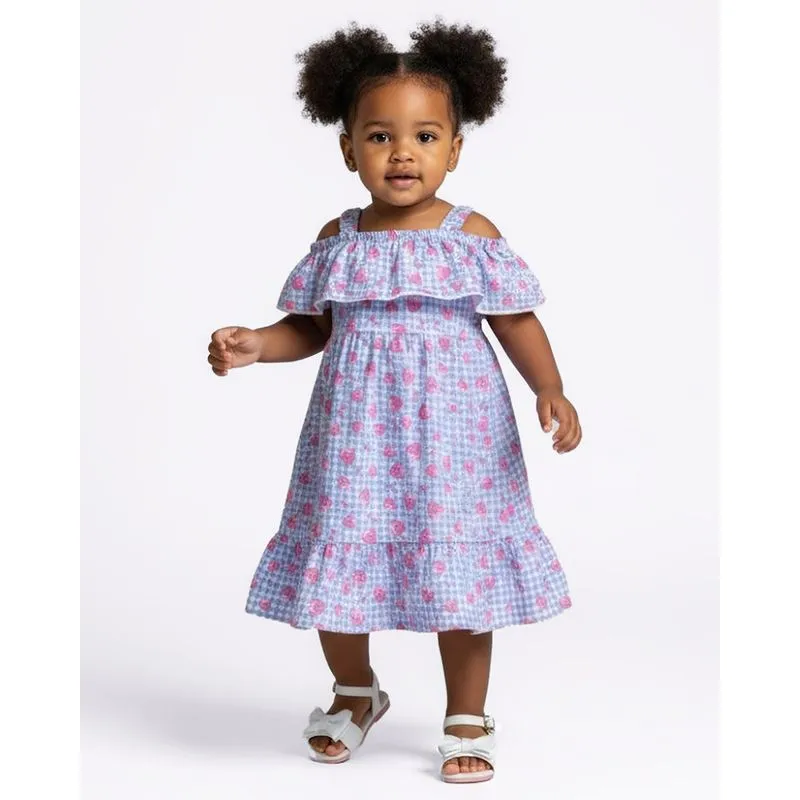 Vestido Bebê Curto Estampado Moranguinhos com Babado Alcinha Azul 2