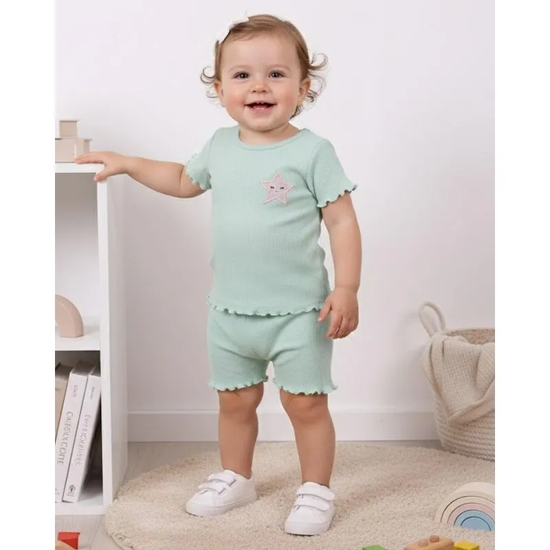 Conjunto Bebê Curto Canelado Bordado Estrela Verde G