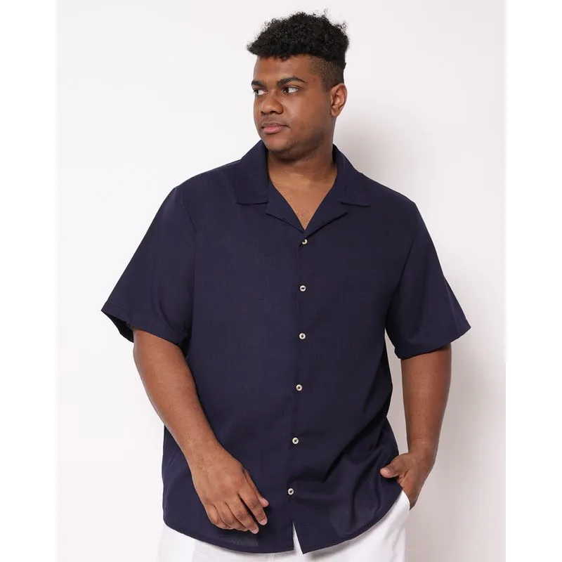 Camisa Plus Size Masculina Linho Manga Curta Marinho G4
