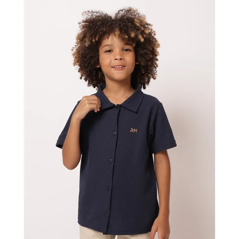 Camisa Infantil Algodão Texturizado com Botões e Bordado Marinho 14