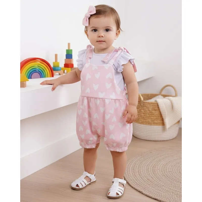 Conjunto Jardineira Bebê Algodão Texturizado Coração Rosa M