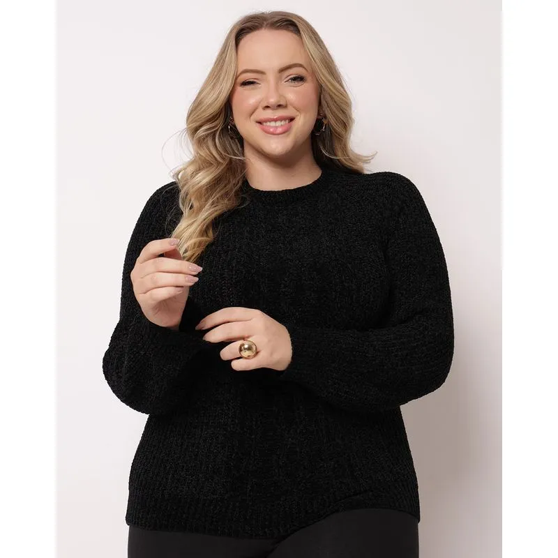 Suéter Plus Size Feminino Chenille Preto G3