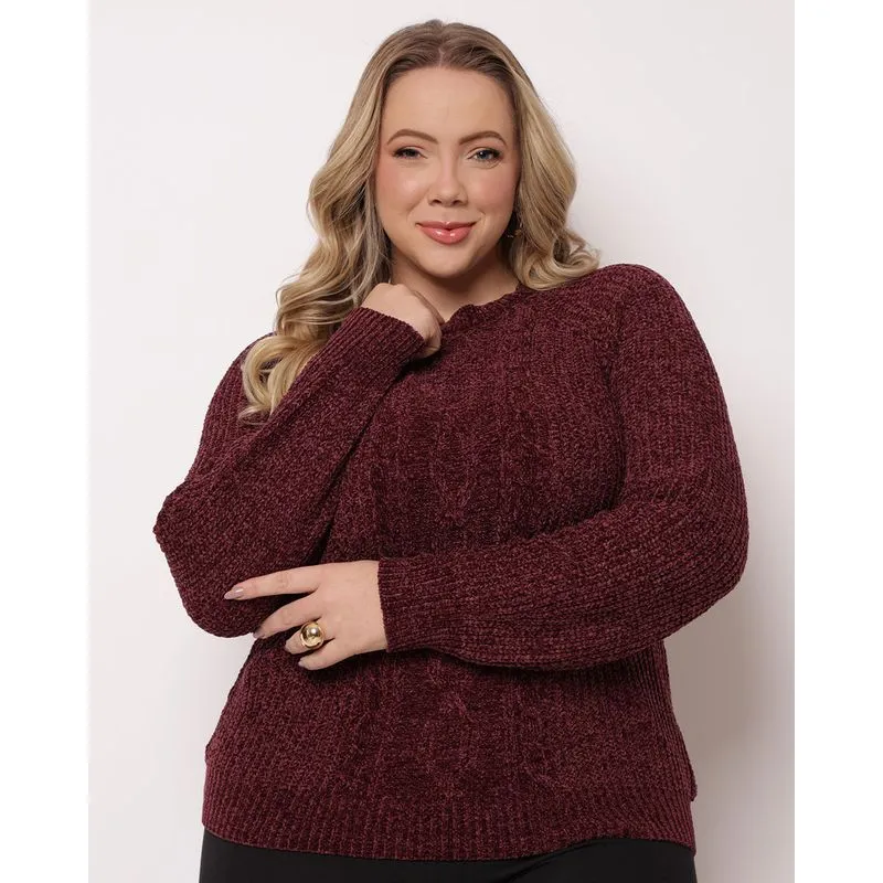 Suéter Plus Size Feminino Texturizado Chenille Vinho G1