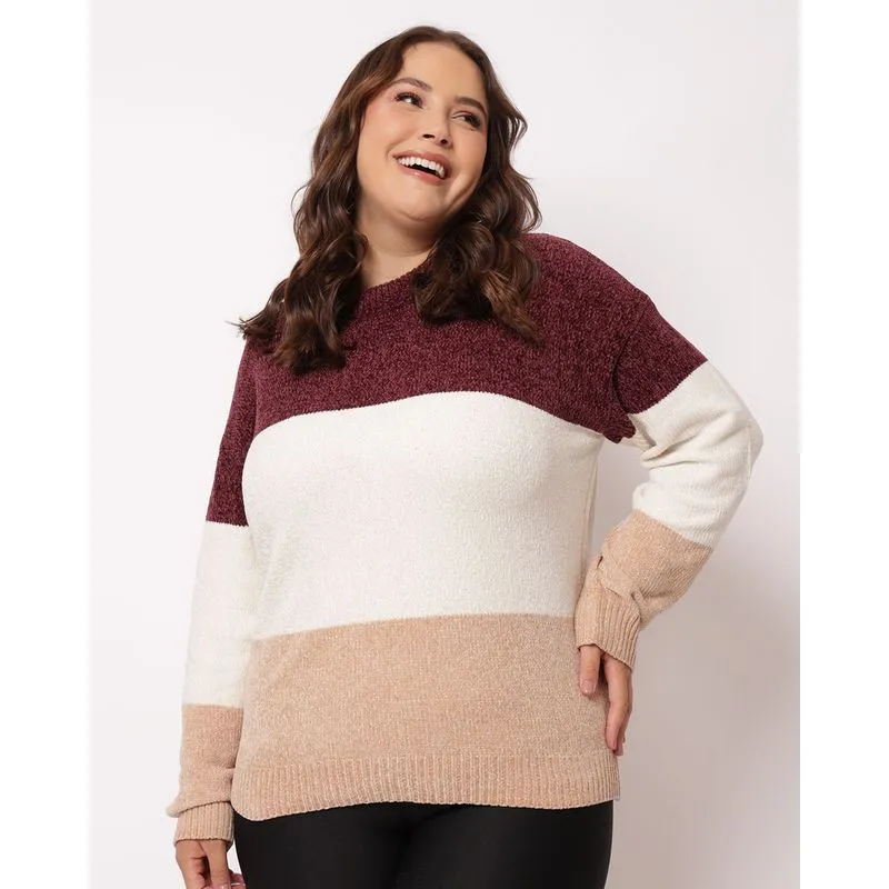 Suéter Plus Size Feminino Chenille Listrado Vinho G1