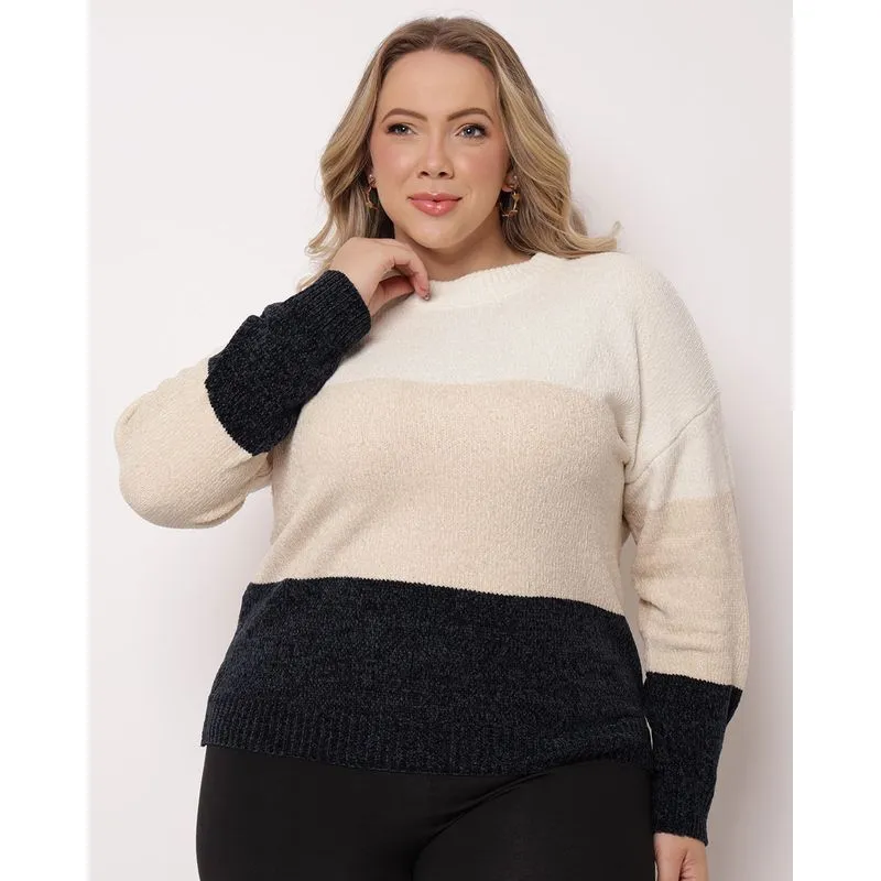 Suéter Plus Size Feminino Chenille Listrado Off White G2