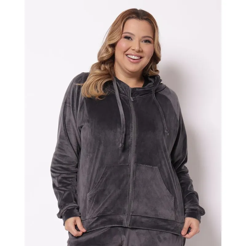 Jaqueta Plus Size Feminina Plush Com Capuz Cinza G2