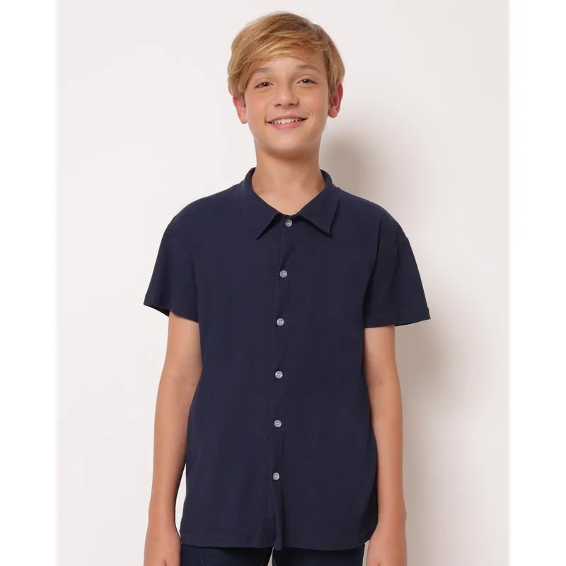 Camisa Juvenil Algodão Texturizado Manga Curta Marinho 16