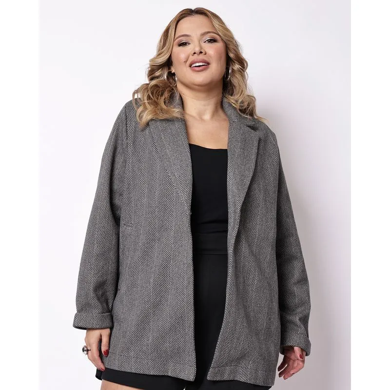 Casaco Plus Size Feminino Alongado Chevron Cinza G5