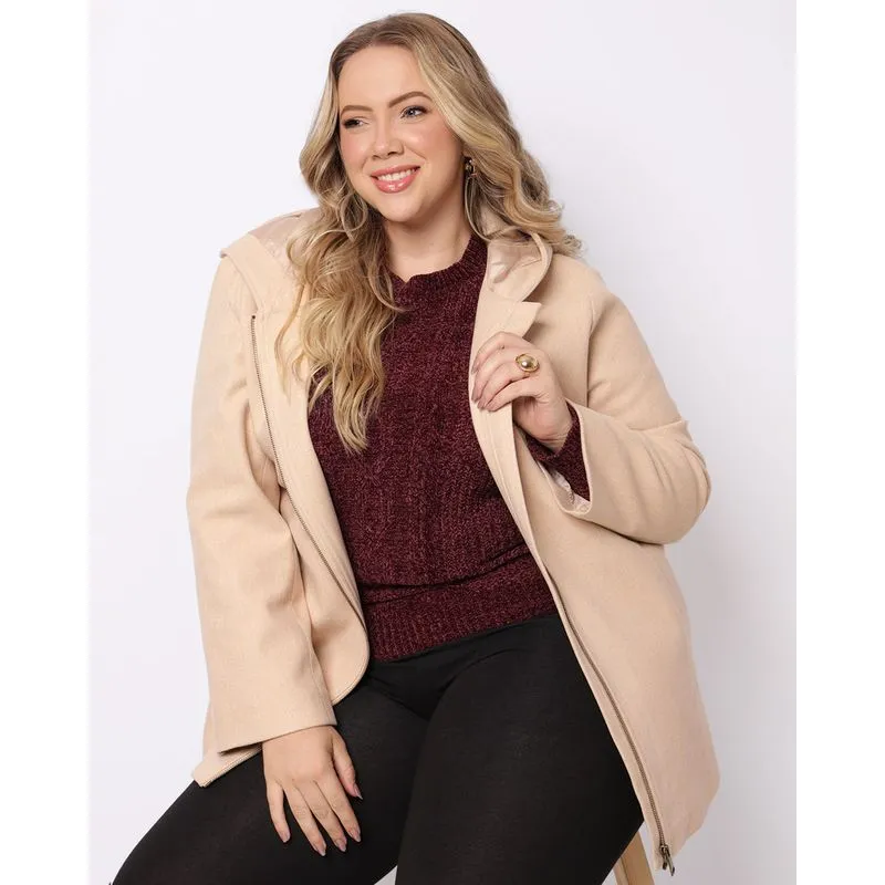 Jaqueta Moletom Plus Size Feminina com Capuz Bege G1
