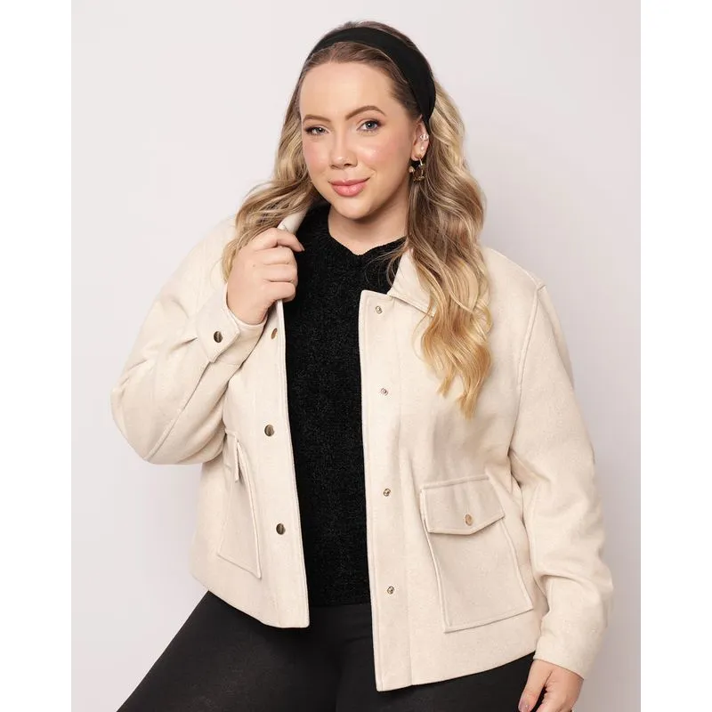 Casaco Plus Size Feminino com Bolsos Bege G1