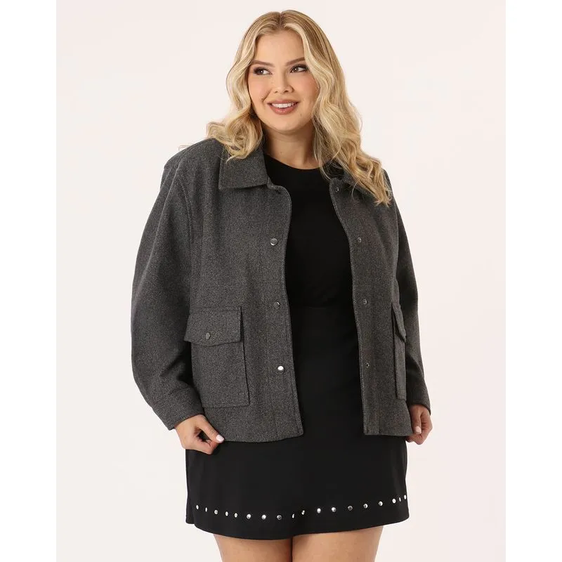 Casaco Plus Size Feminino com Bolsos Preto G3