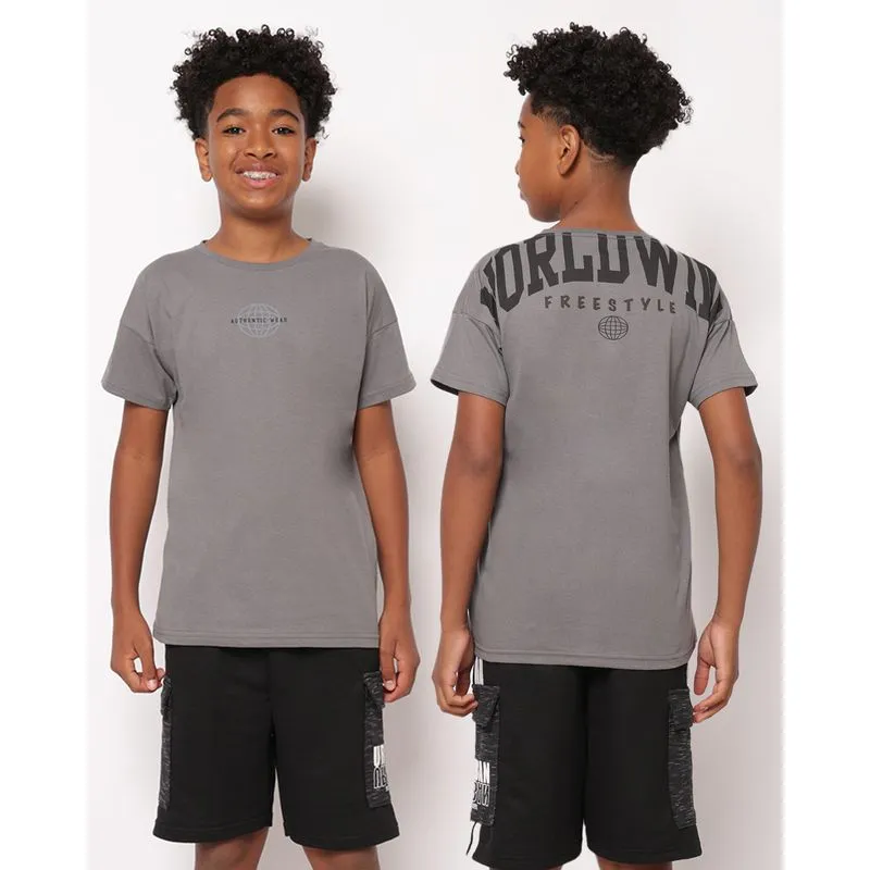 Camiseta Juvenil Algodão Estampa Frente e Costas Cinza 14