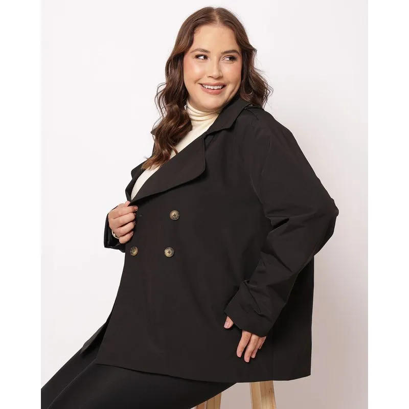 Casaco Plus Size Feminino Trench Coat Preto G3