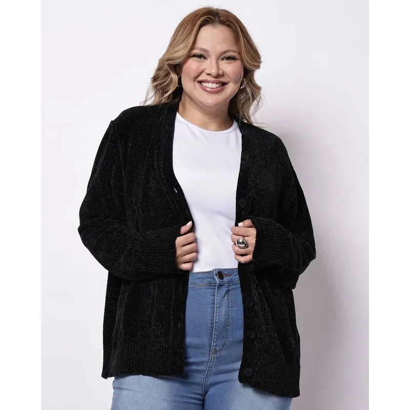 Cardigan Plus Size Feminino Chenille Preto G3