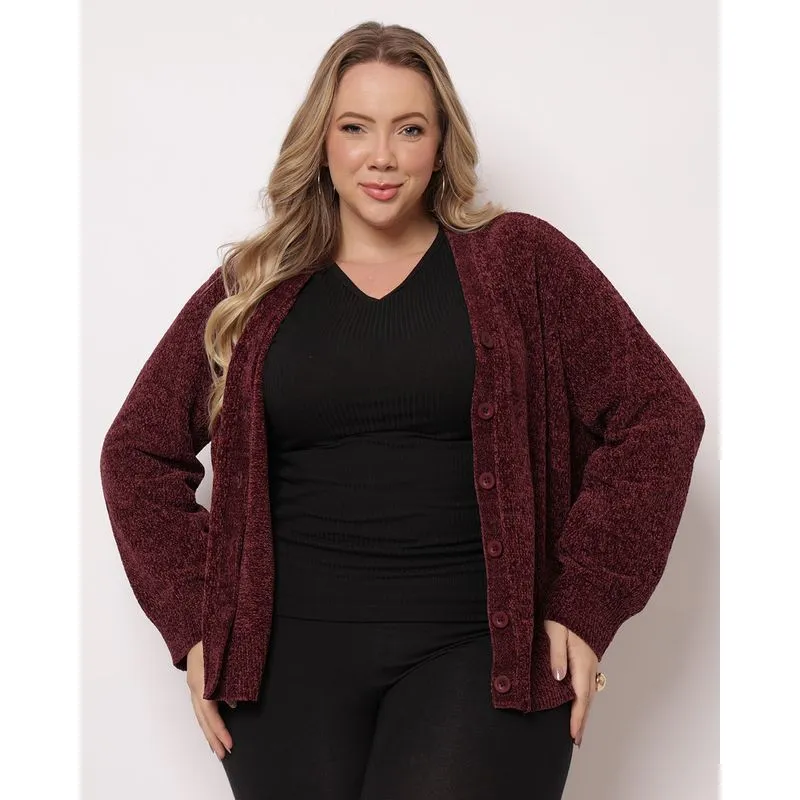 Cardigan Plus Size Feminino Chenille com Botões Vinho G1