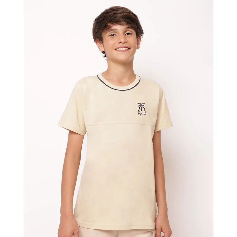 Camiseta Juvenil Algodão com Recorte Estampa Tropical Bege 18
