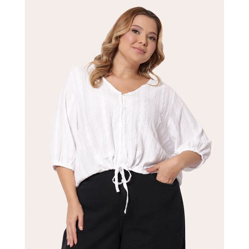 Camisa Plus Size Feminina Texturizada com Amarração Branca G3