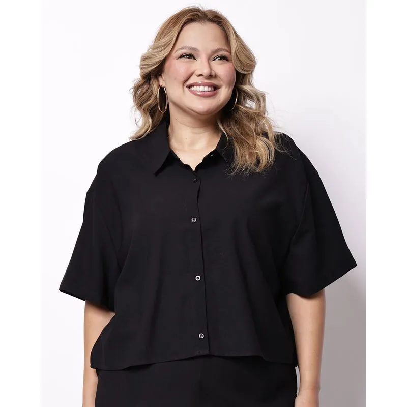 Camisa Plus Size Feminina Cropped Manga Curta Preta G3