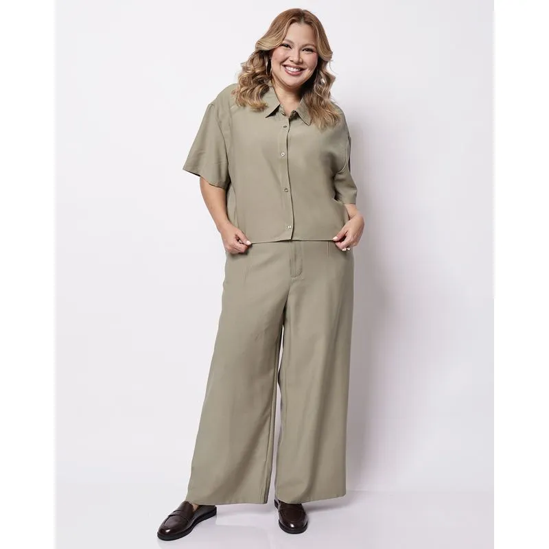 Calça Plus Size Feminina Pantalona Poliviscose Verde G3