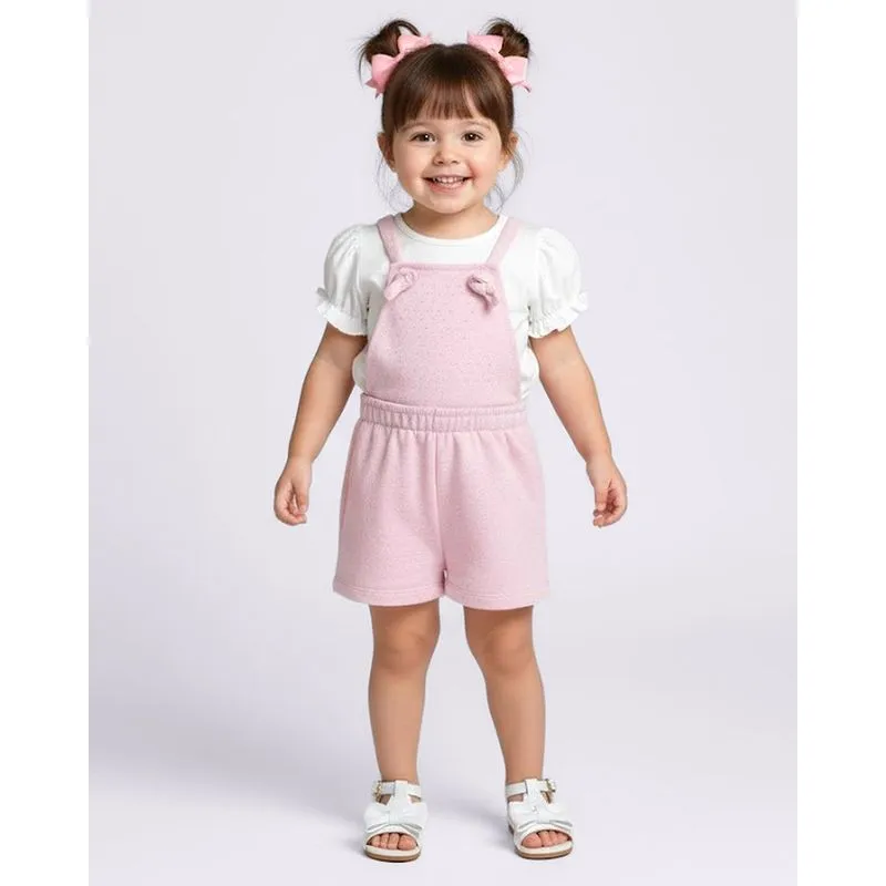 Conjunto Bebê Curto Jardineira Moletinho com Strass Amarração Rosa 2