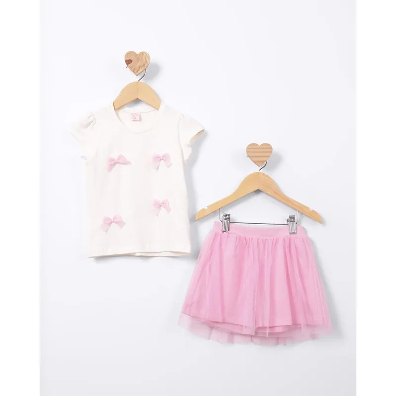 Conjunto Bebê Curto com Aplicação de Laços Sobreposição Tule Off White 1
