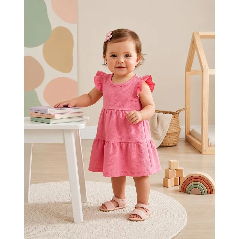 Vestido Bebê Curto Texturizado com Babado Rosa M