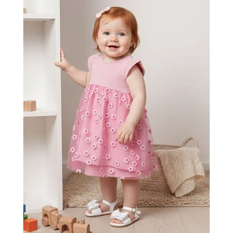 Vestido Bebê Tule com Flores e Glitter Rosa M