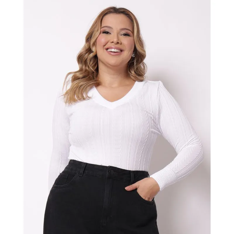 Blusa Plus Size Feminina Sem Costura Manga Longa Branca G2