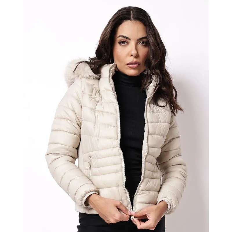 Jaqueta Feminina Puffer com Capuz Peluciada Bege PP