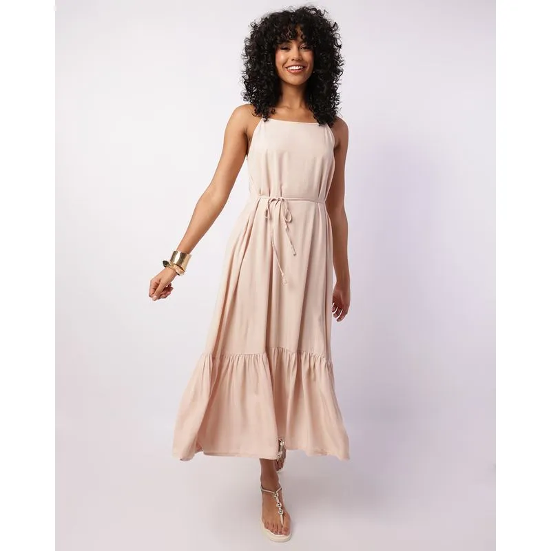 Vestido Feminino Midi Viscose com Alcinha Ajustável Bege M