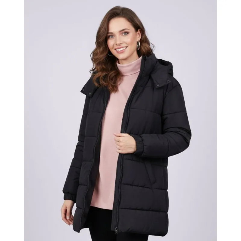 Jaqueta Puffer Feminina Alongada com Capuz Preto GG