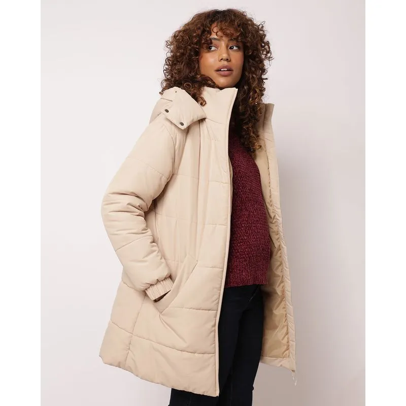 Jaqueta Feminina Puffer Alongada com Capuz Bege M