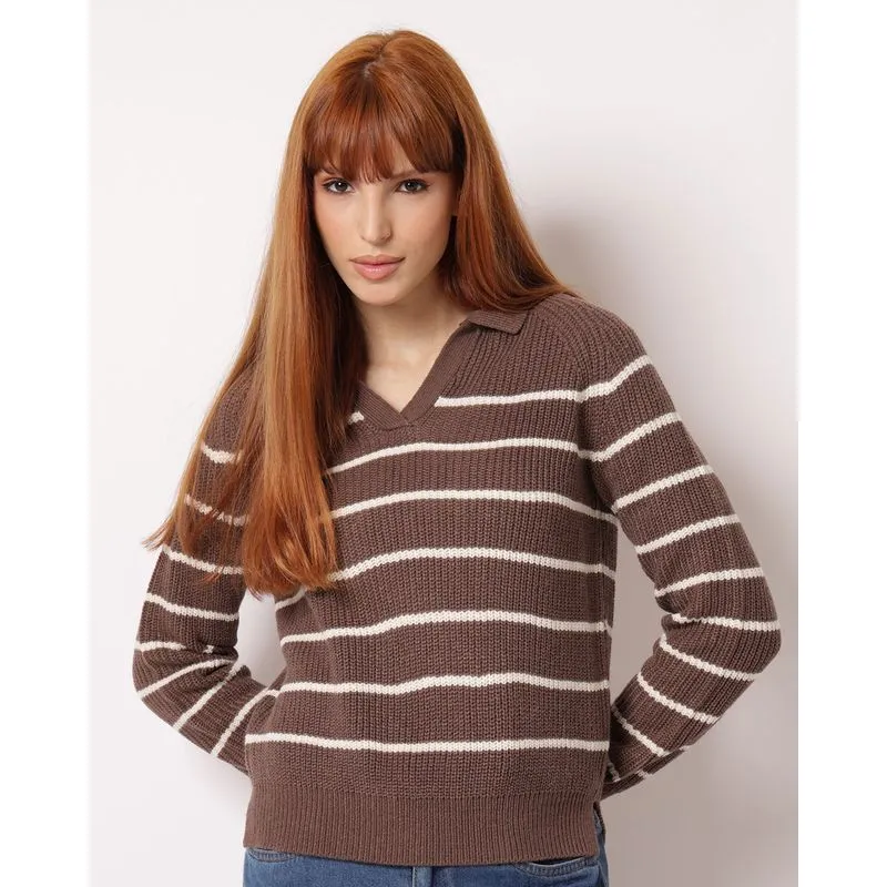 Suéter Feminino Tricô Gola Polo Listrado Marrom G