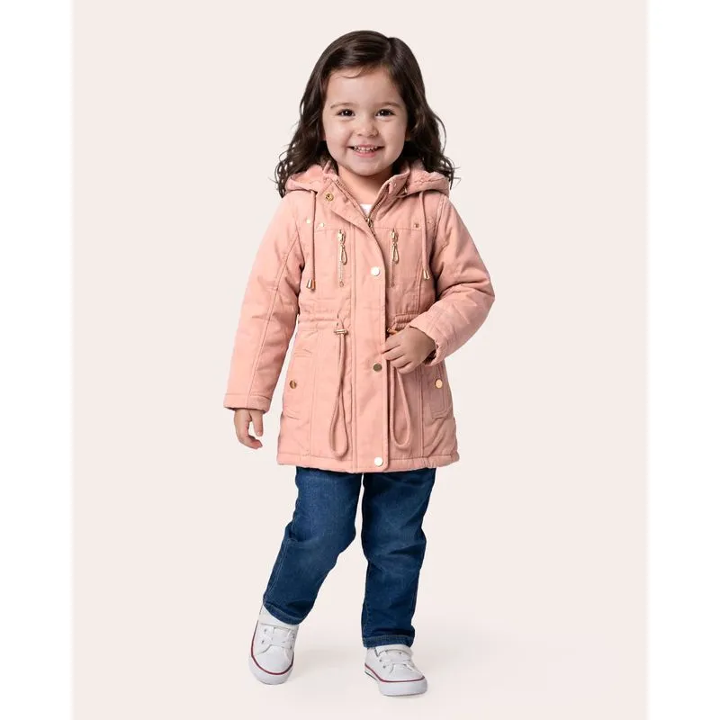 Parka Sarja Bebê Peluciada Com Capuz Removível Rosa 3