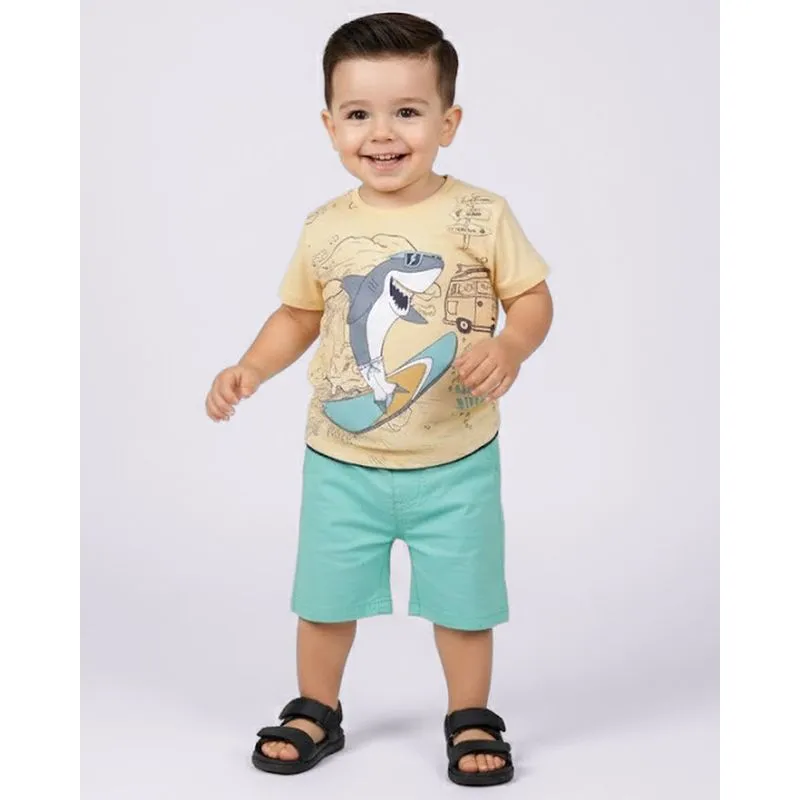 Camiseta Bebê Algodão Estampa Texturizada Tubarão Amarela. 3