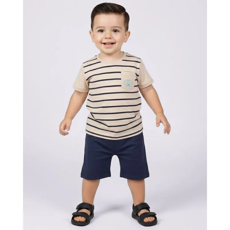 Camiseta Bebê Algodão Listrada com Bolso Único Frontal Bege 4
