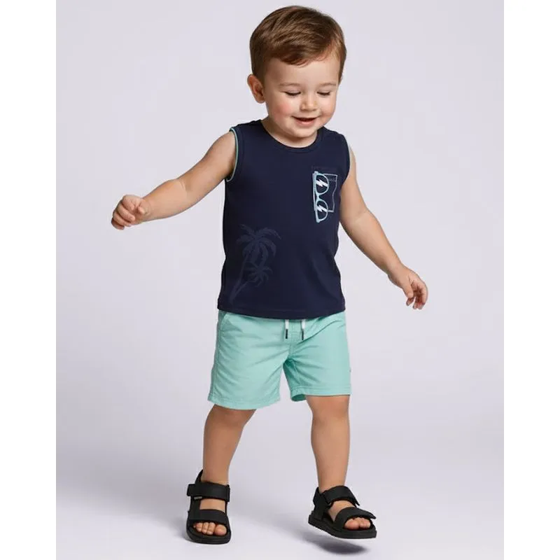 Regata Bebê Algodão Estampa Tropical Texturizada Marinho 1