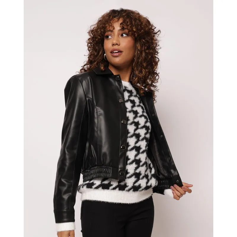 Jaqueta Feminina Bomber PU com Bolsos Preta GG